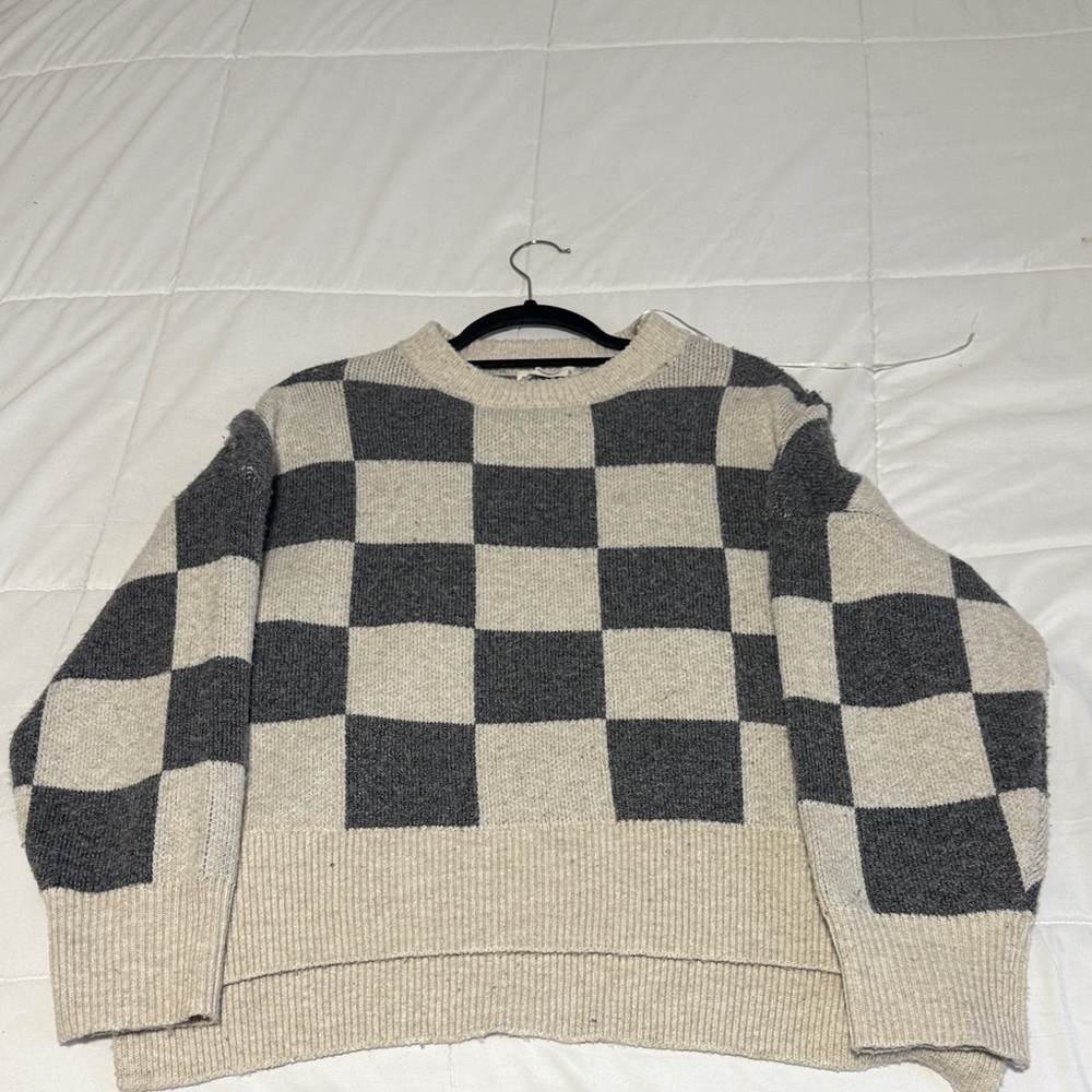 Madison Women's Long Sleeve Top - Gray and Cream Checkered